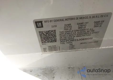 2018 Chevrolet Silverado 1500 1Lt from USA, damaged, VIN 3GCPCREC1JG639000